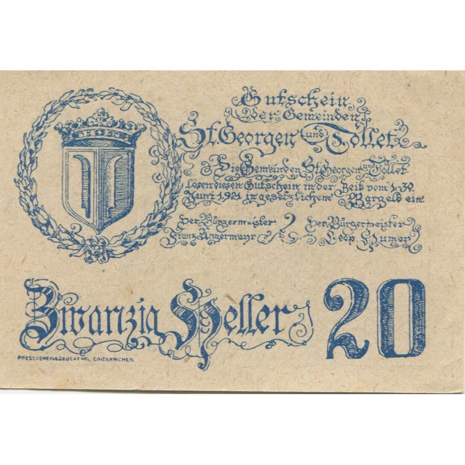 Banknot, Austria, St Georgen, 20 Heller, Blason 1920-12-31 UNC(63) Mehl:FS 883Ia