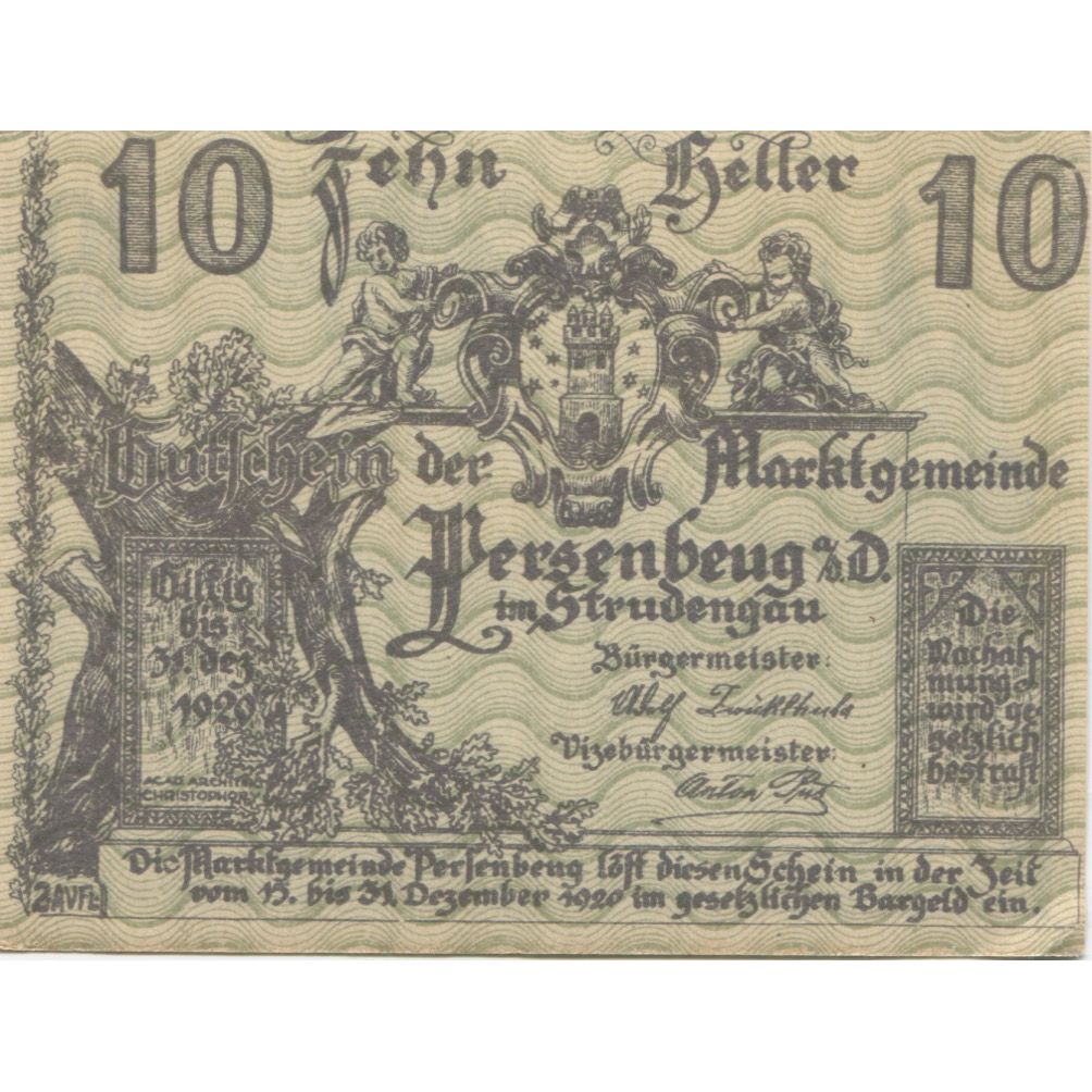 Nota, Áustria, Persenbeug, 10 Heller, arbre, 1920 UNC(63), Mehl:FS 735IIa