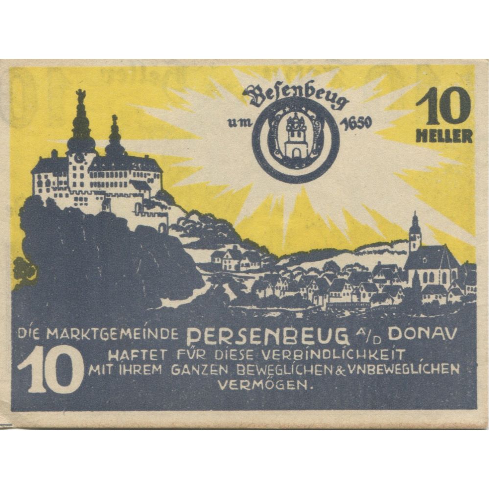 Nota, Áustria, Persenbeug, 10 Heller, arbre, 1920 UNC(63), Mehl:FS 735IIa