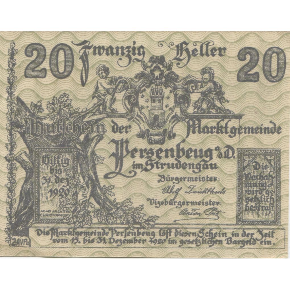 Billet, Autriche, Persenbeug, 20 Heller, chemin, 1920 SPL, Mehl:FS 735IIa