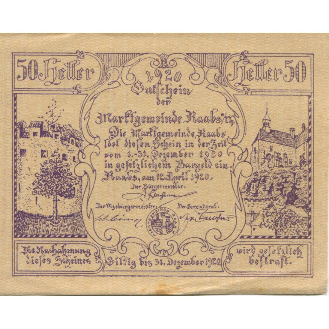Biljet, Oostenrijk, Raab, 50 Heller, Eglise, 1920, 1920-12-31, SUP, Mehl:FS 806c