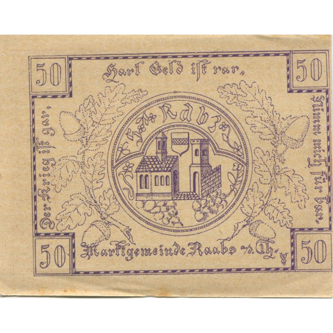 Biljet, Oostenrijk, Raab, 50 Heller, Eglise, 1920, 1920-12-31, SUP, Mehl:FS 806c