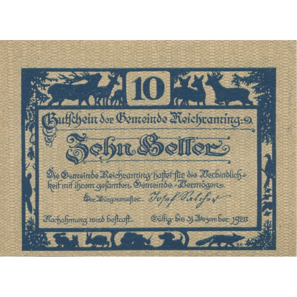 Geldschein, Österreich, Reichraming, 10 Heller, Animaux, 1920 UNZ- Mehl:FS 829a