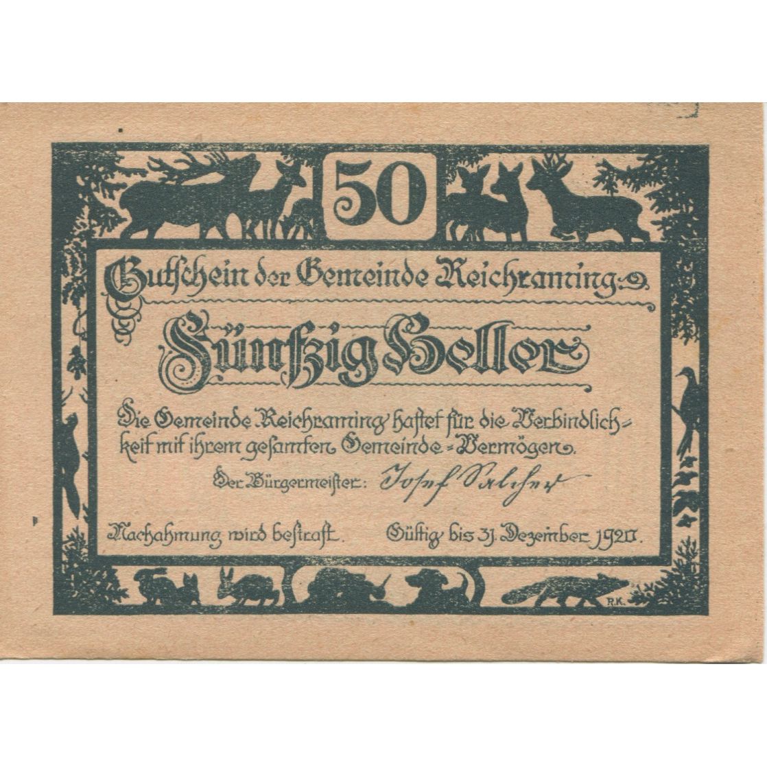 Nota, Áustria, Reichraming, 50 Heller, Hutte 1920-12-31, UNC(63) Mehl:FS 829a