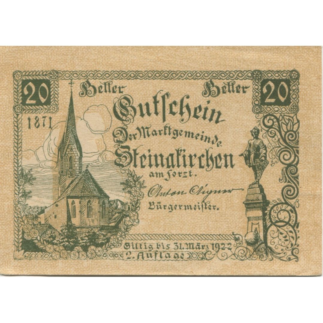 Geldschein, Österreich, Steinakirchen 20 Heller statue 1922 UNZ- Mehl:FS 1017IIb