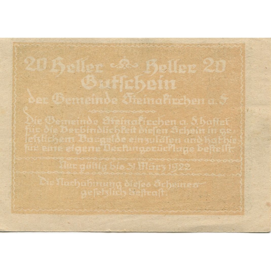 Geldschein, Österreich, Steinakirchen 20 Heller statue 1922 UNZ- Mehl:FS 1017IIb
