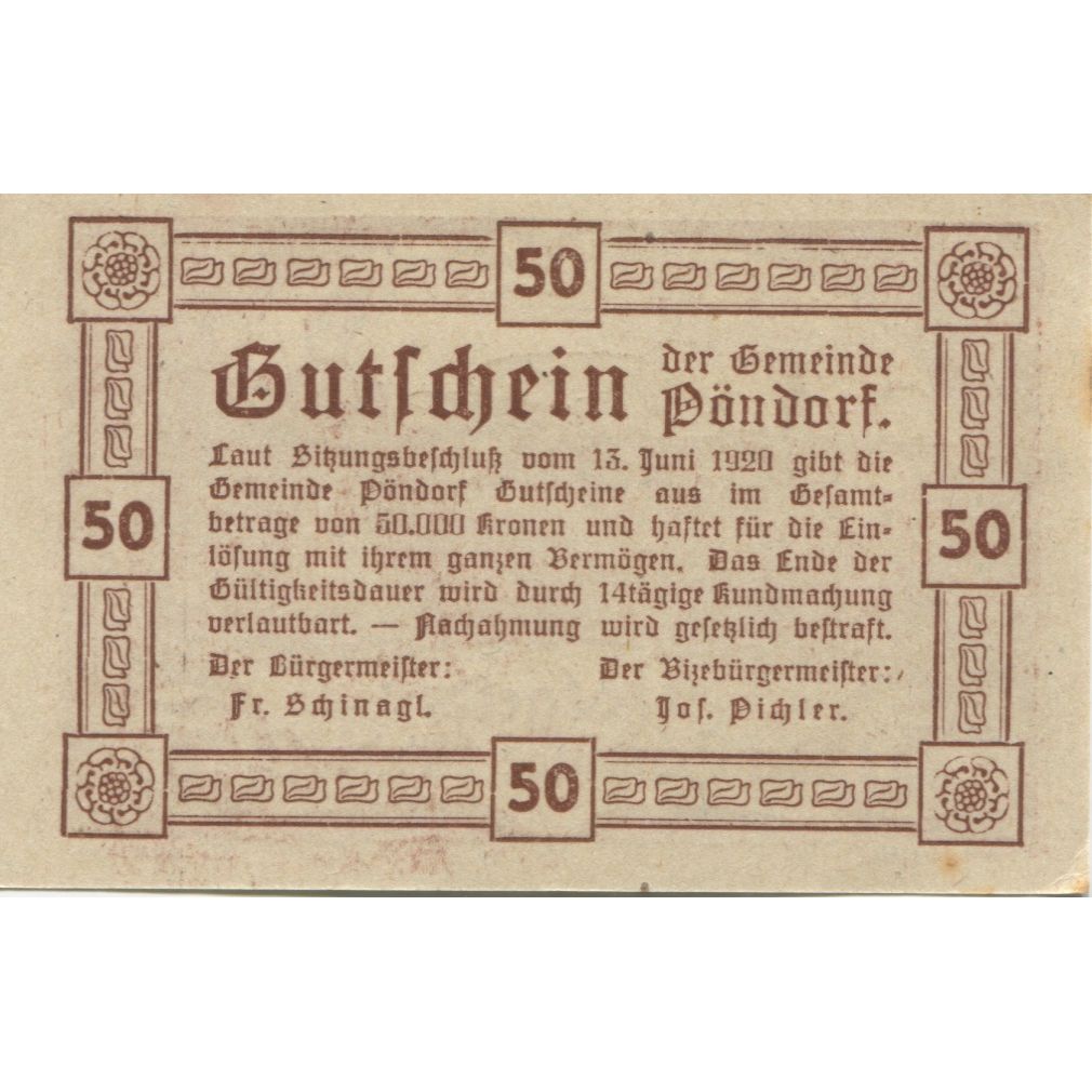 Banknote, Austria, Pöndorf, 50 Heller, paysage, 1920, UNC(63), Mehl:FS 757a