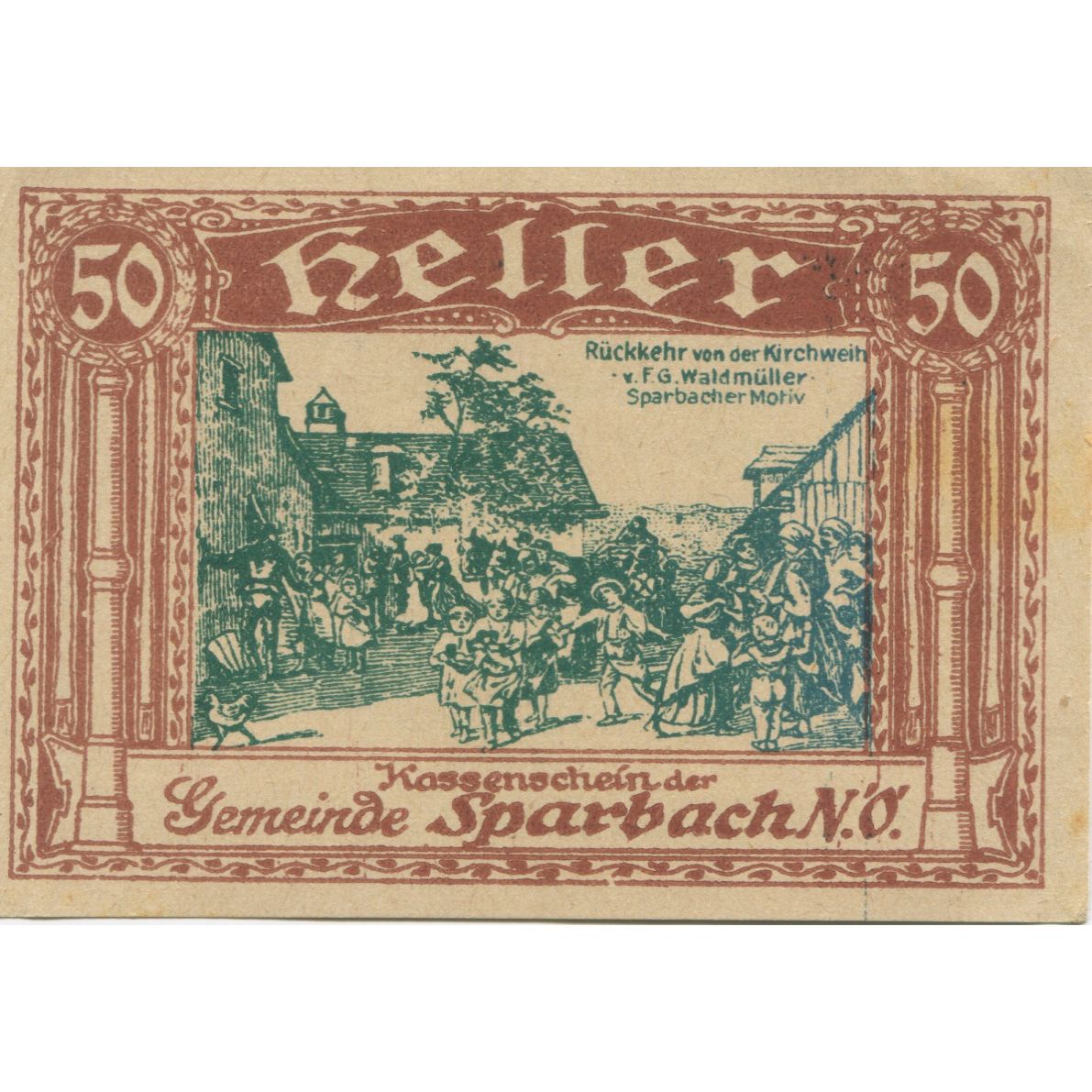 Billete, Austria, Sparbach, 50 Heller, village, 1920, SC, Mehl:FS 1006a