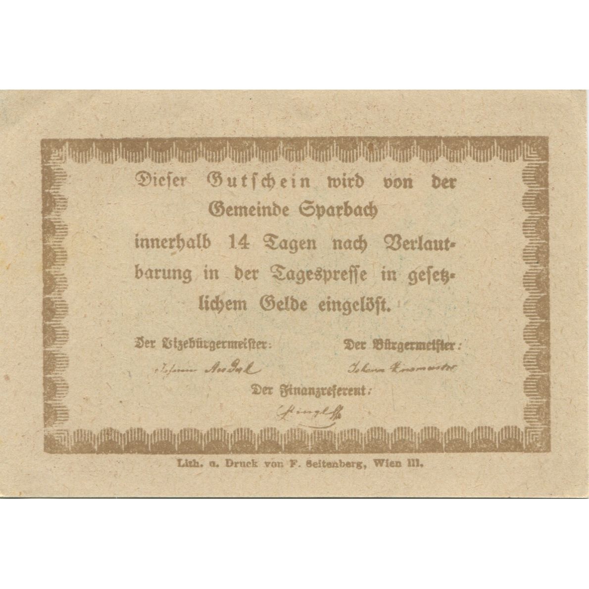 Billete, Austria, Sparbach, 50 Heller, village, 1920, SC, Mehl:FS 1006a