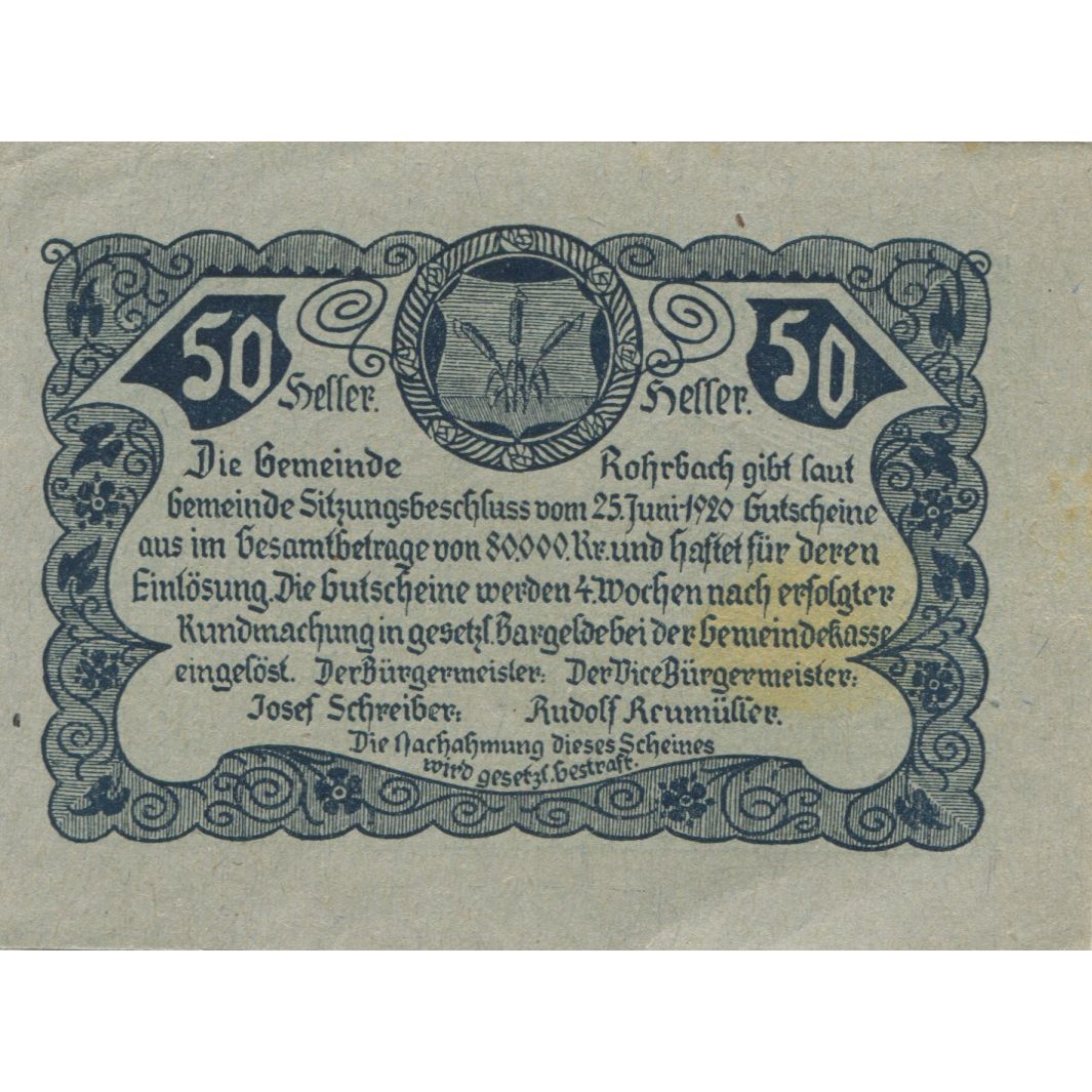 Geldschein, Österreich, Rohrbach, 50 Heller, Eglise, 1920, SS, Mehl:FS 841a