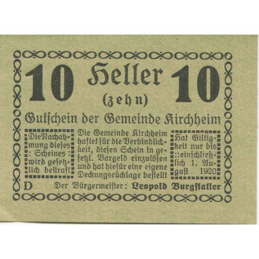 Geldschein, Österreich, Kirchheim, 10 Heller, Texte, 1920 UNZ- Mehl:FS 447I