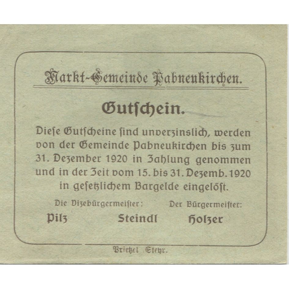 Biljet, Oostenrijk, Pabneukirchen, 20 Heller, Eglise 1920-12-31 SPL Mehl:FS 719b