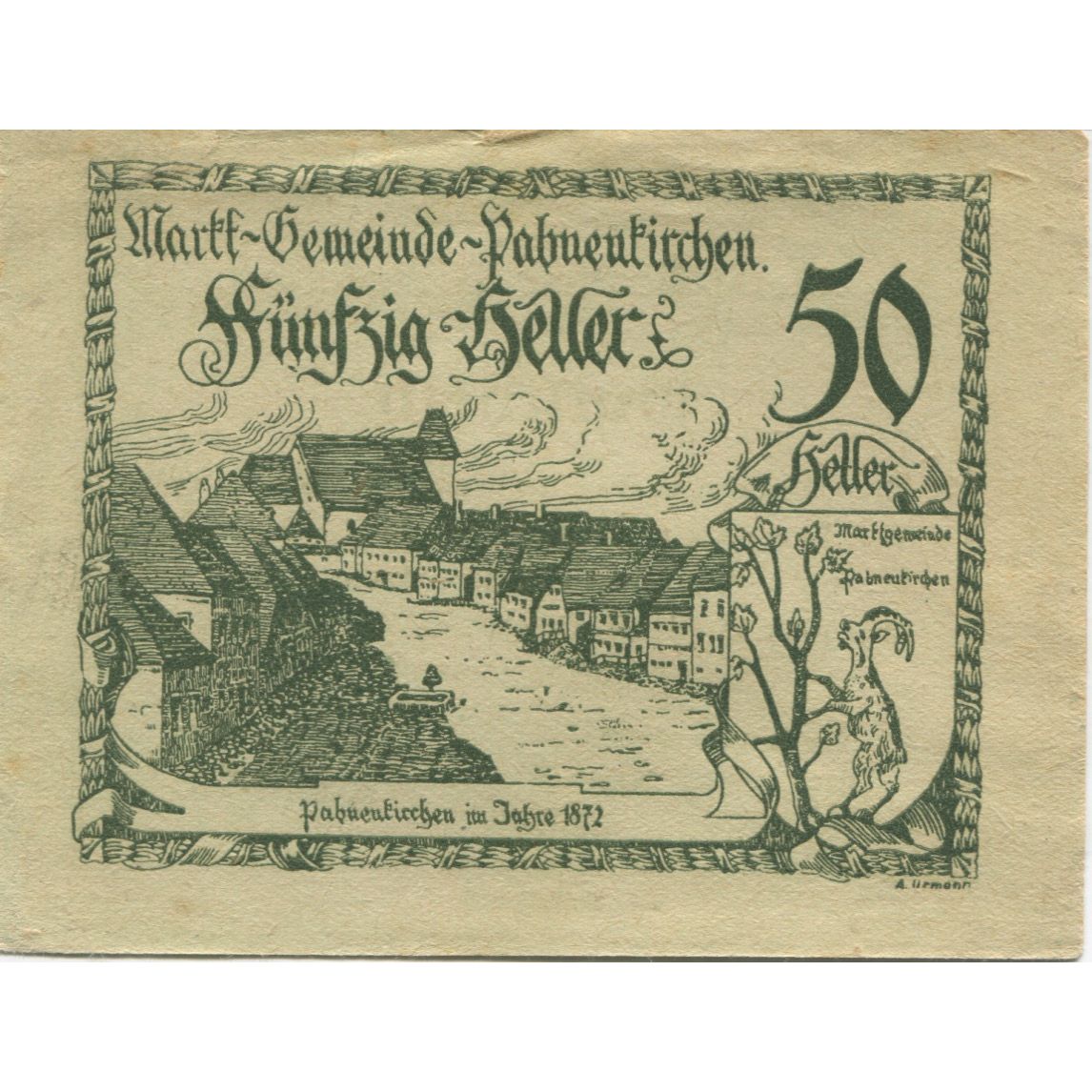 Billete, Austria, Pabneukirchen, 50 Heller, village, 1920, MBC Mehl:FS 719b