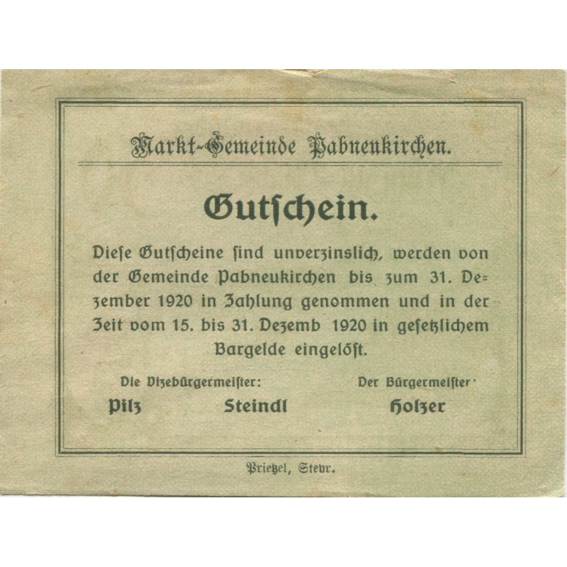Billete, Austria, Pabneukirchen, 50 Heller, village, 1920, MBC Mehl:FS 719b