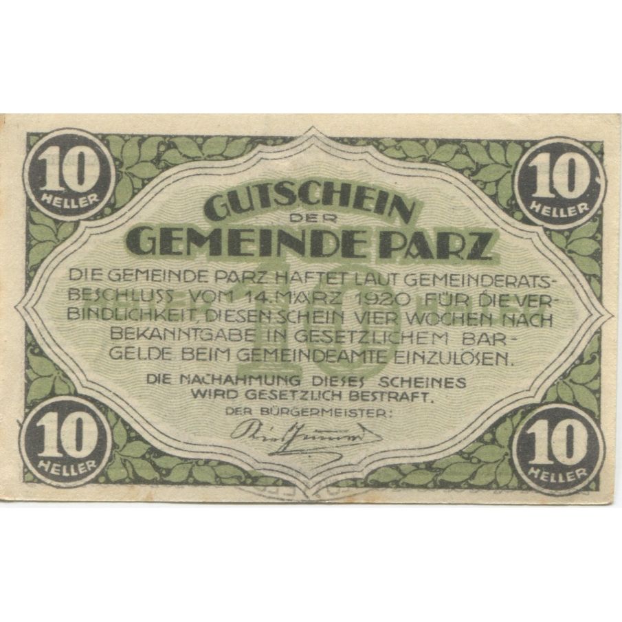 Nota, Áustria, Parz, 10 Heller, ecole, 1920, UNC(63), Mehl:FS 721a