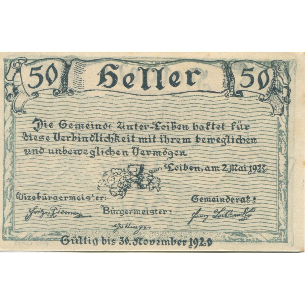 Geldschein, Österreich, Loiben, 50 Heller, Texte 1920-11-30, VZ, Mehl:FS 1096a