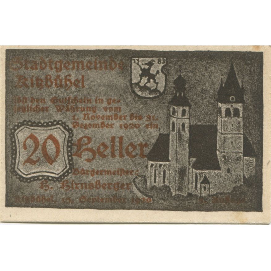 Nota, Áustria, Kitzbühel, 20 Heller, Blason 1920-01-15, UNC(63) Mehl:FS 449d