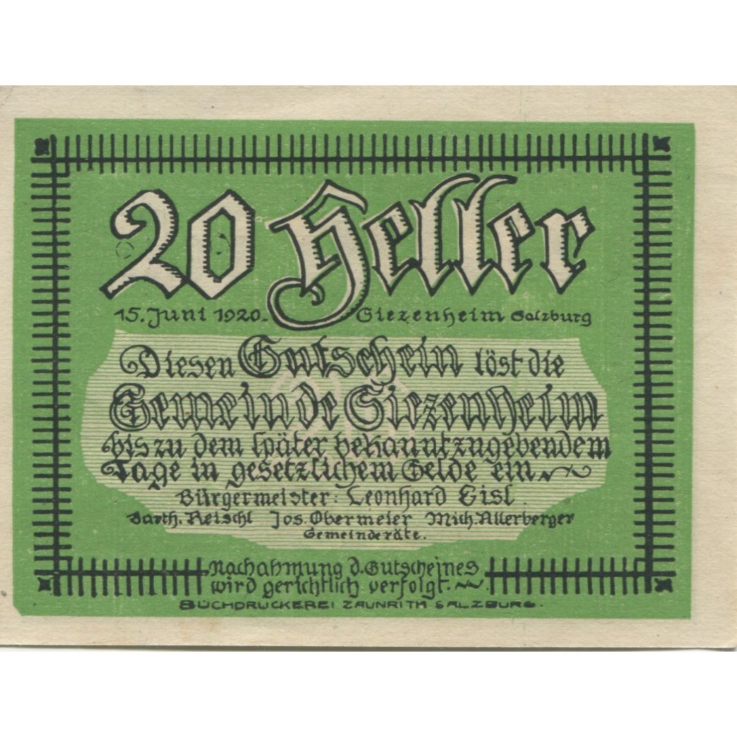 Banknote, Austria, Siezenheim, 20 Heller, roi, 1920, UNC(63), Mehl:FS 996a