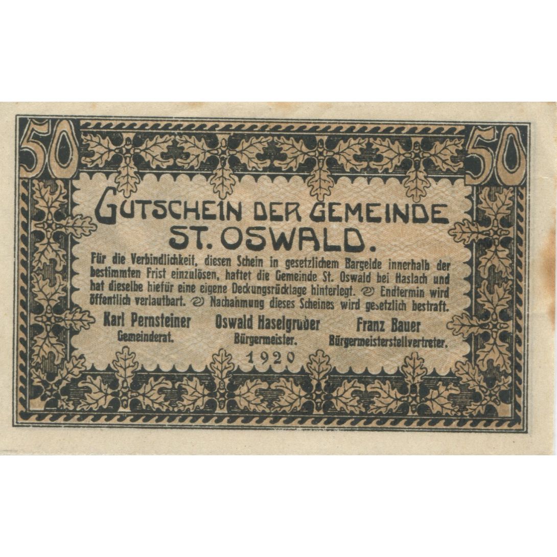 Banknot, Austria, St Oswald, 50 Heller, paysage, 1920, UNC(60-62), Mehl:FS 918