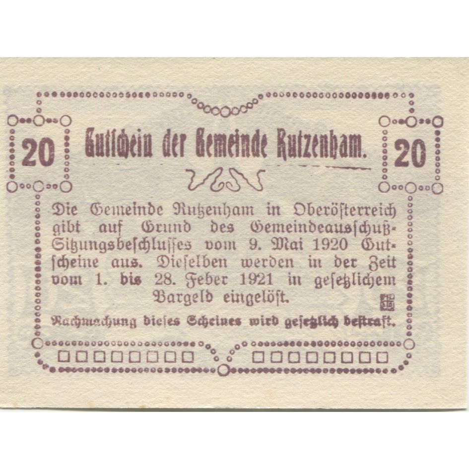 Banconote, Austria, Rutzenham, 20 Heller, Eglise 1921-02-28, SPL Mehl:FS 858Ic