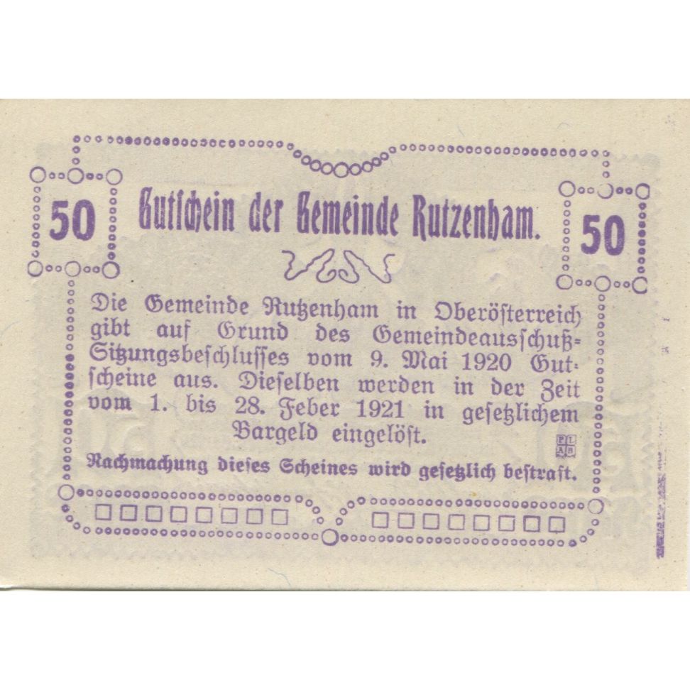 Biljet, Oostenrijk, Rutzenham, 50 Heller, Eglise 1921-02-28, SPL Mehl:FS 858Ic