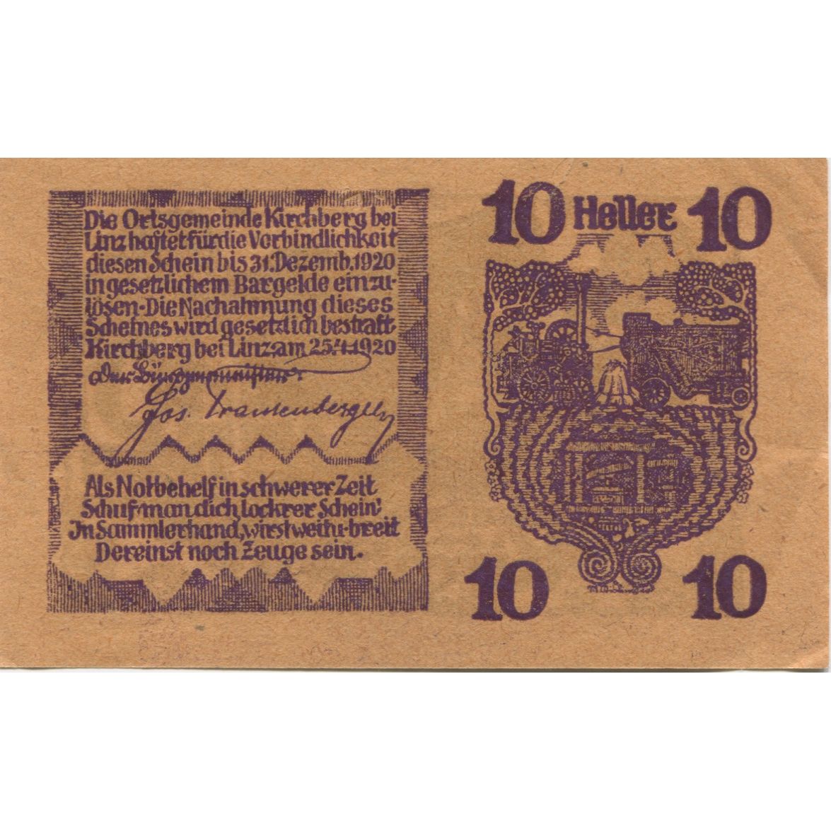 Geldschein, Österreich, Kirchberg, 10 Heller, cheval, 1920 VZ Mehl:FS 443a