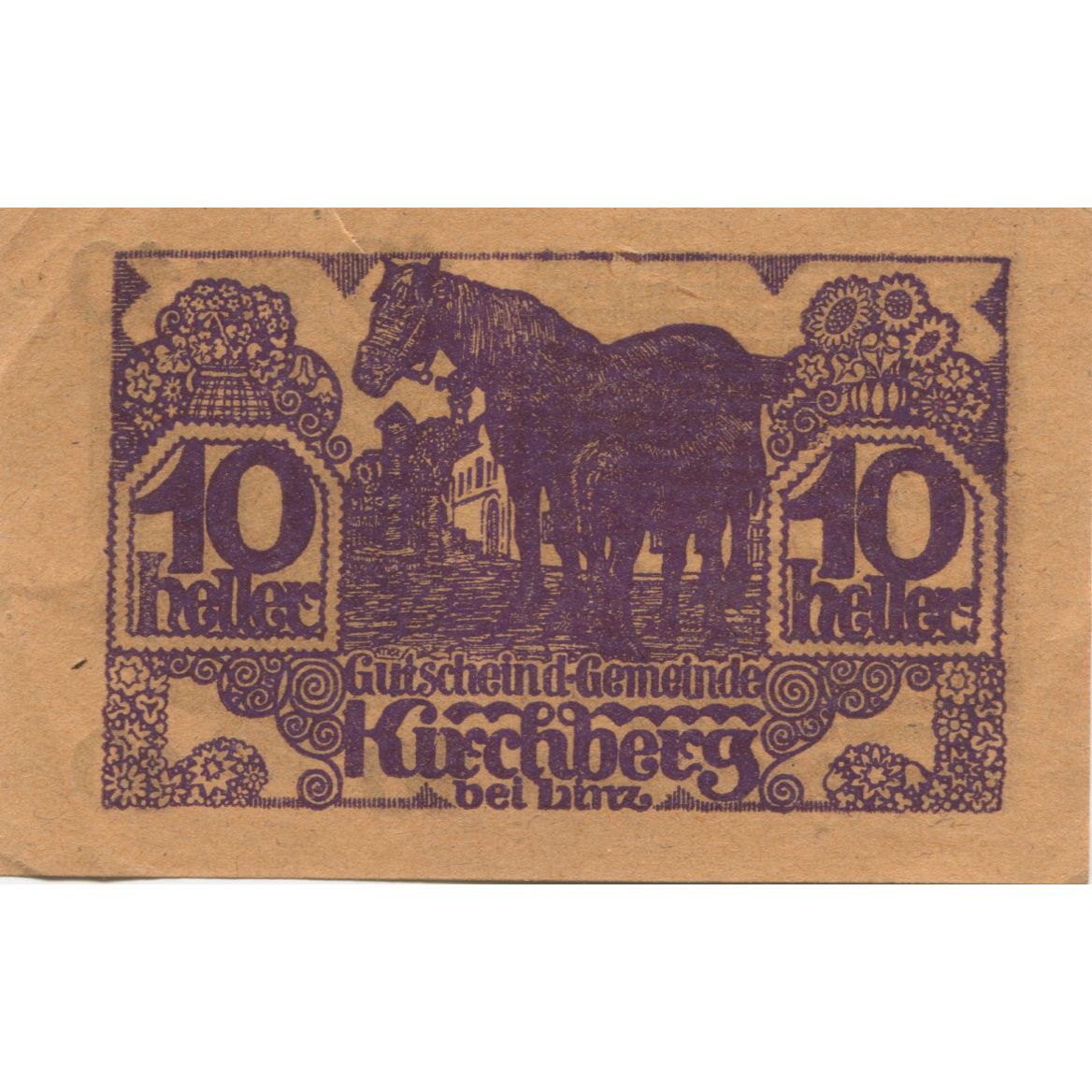 Geldschein, Österreich, Kirchberg, 10 Heller, cheval, 1920 VZ Mehl:FS 443a