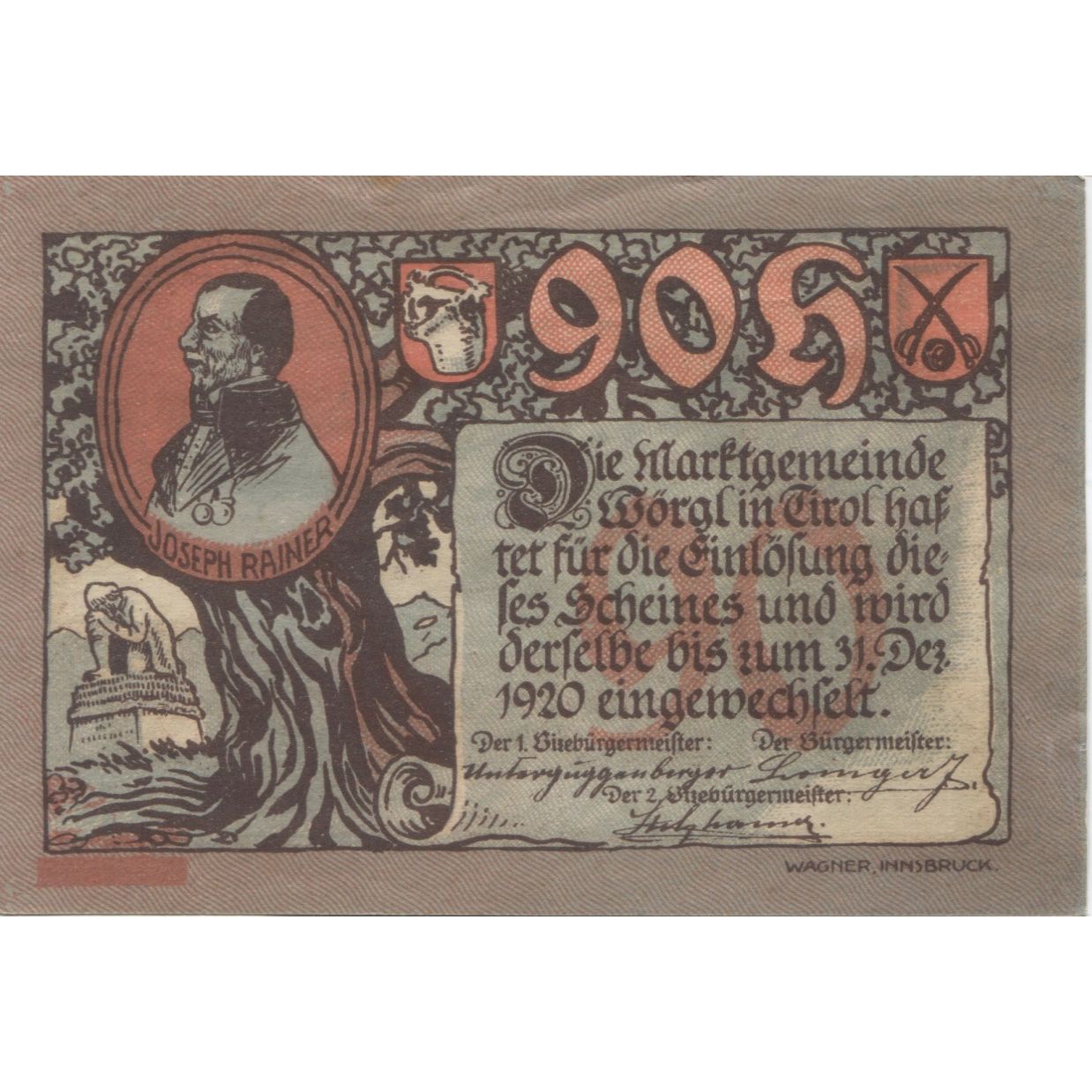 Banknote, Austria, Worgl, 90 Heller, portrait, 1920 UNC(63) Mehl:FS 1252a