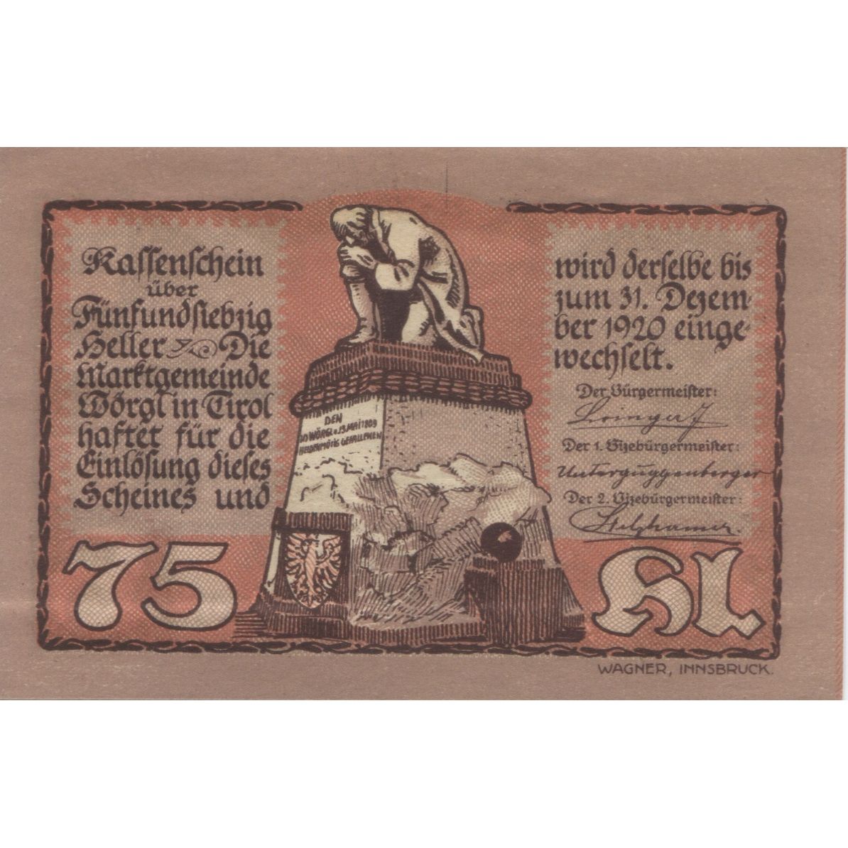Billete, Austria, Worgl, 75 Heller, paysage, 1920, 1920-12-31, SC, Mehl:FS 1252a