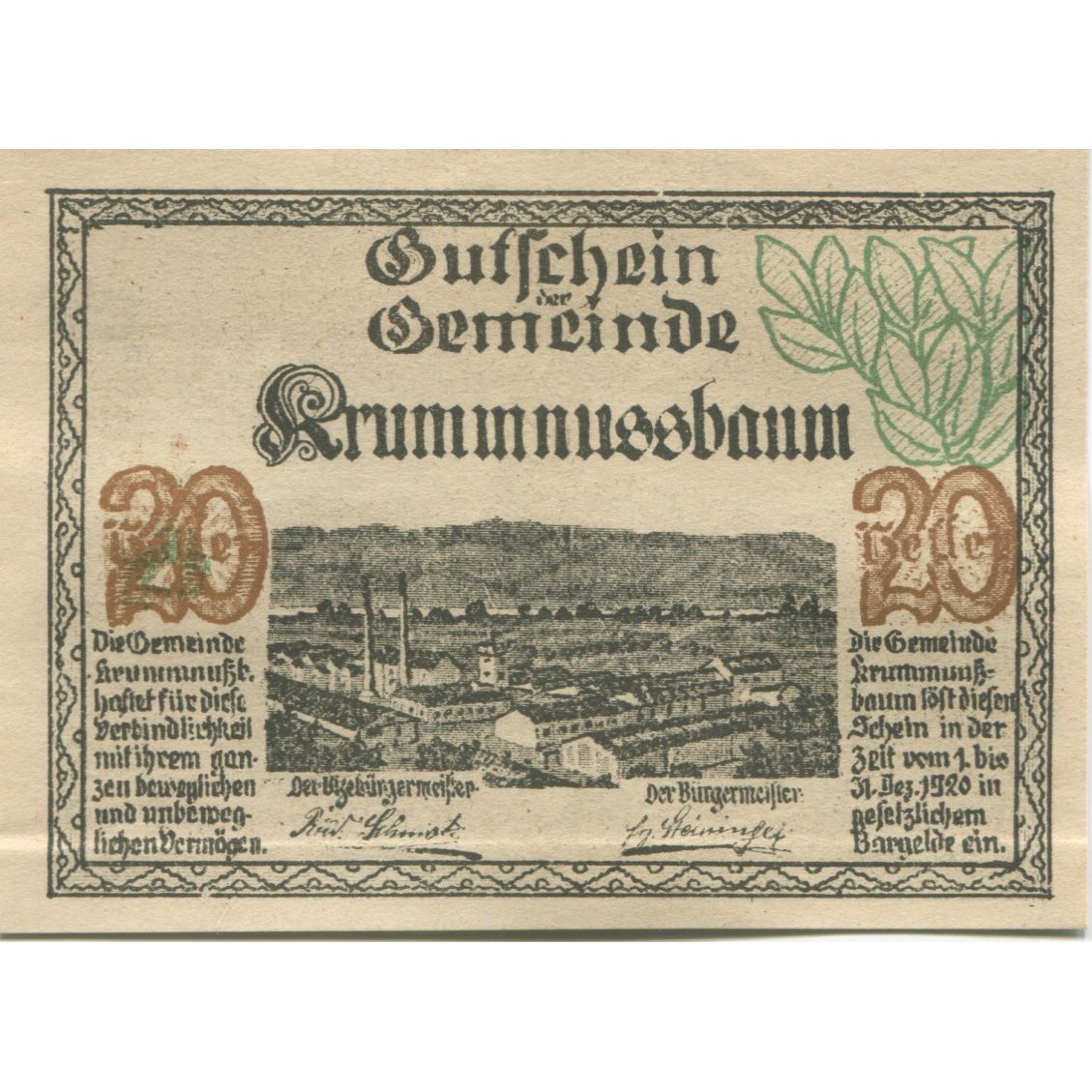 Billet, Autriche, Krummnusbaum, 20 Heller, Usine, 1920, SPL, Mehl:FS 488Ia