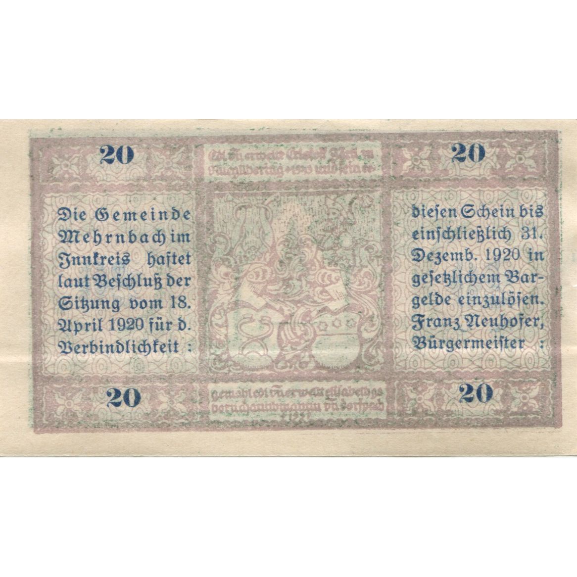 Banknot, Austria, Mehrnbach, 20 Heller, monument 1, 1920 UNC(63) Mehl:FS 604.1