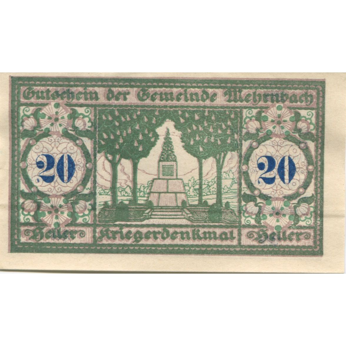 Banknot, Austria, Mehrnbach, 20 Heller, monument 1, 1920 UNC(63) Mehl:FS 604.1