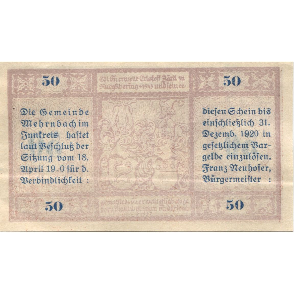 Geldschein, Österreich, Mehrnbach, 50Heller, monument 2, 1920 UNZ- Mehl:FS 604.1