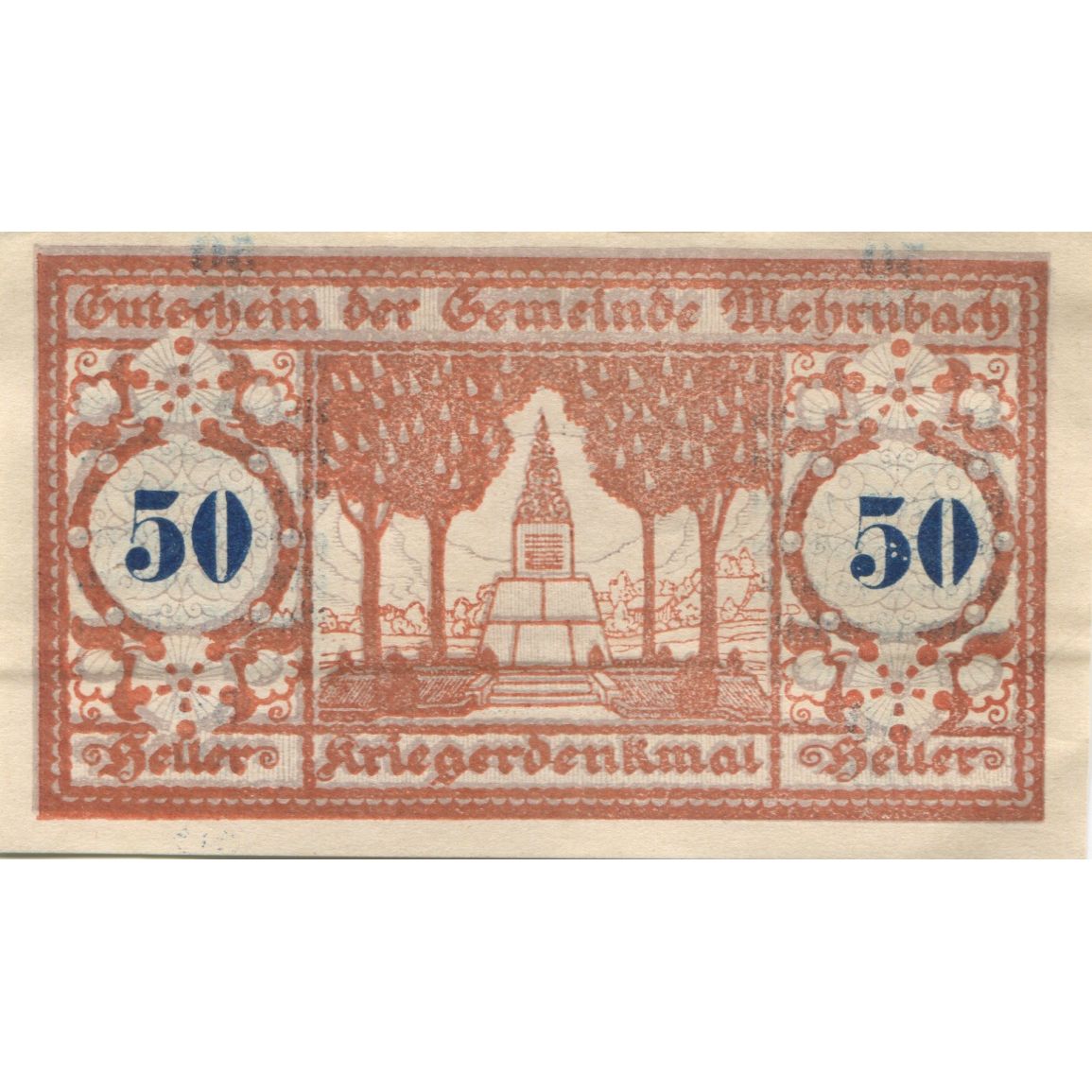 Geldschein, Österreich, Mehrnbach, 50Heller, monument 2, 1920 UNZ- Mehl:FS 604.1