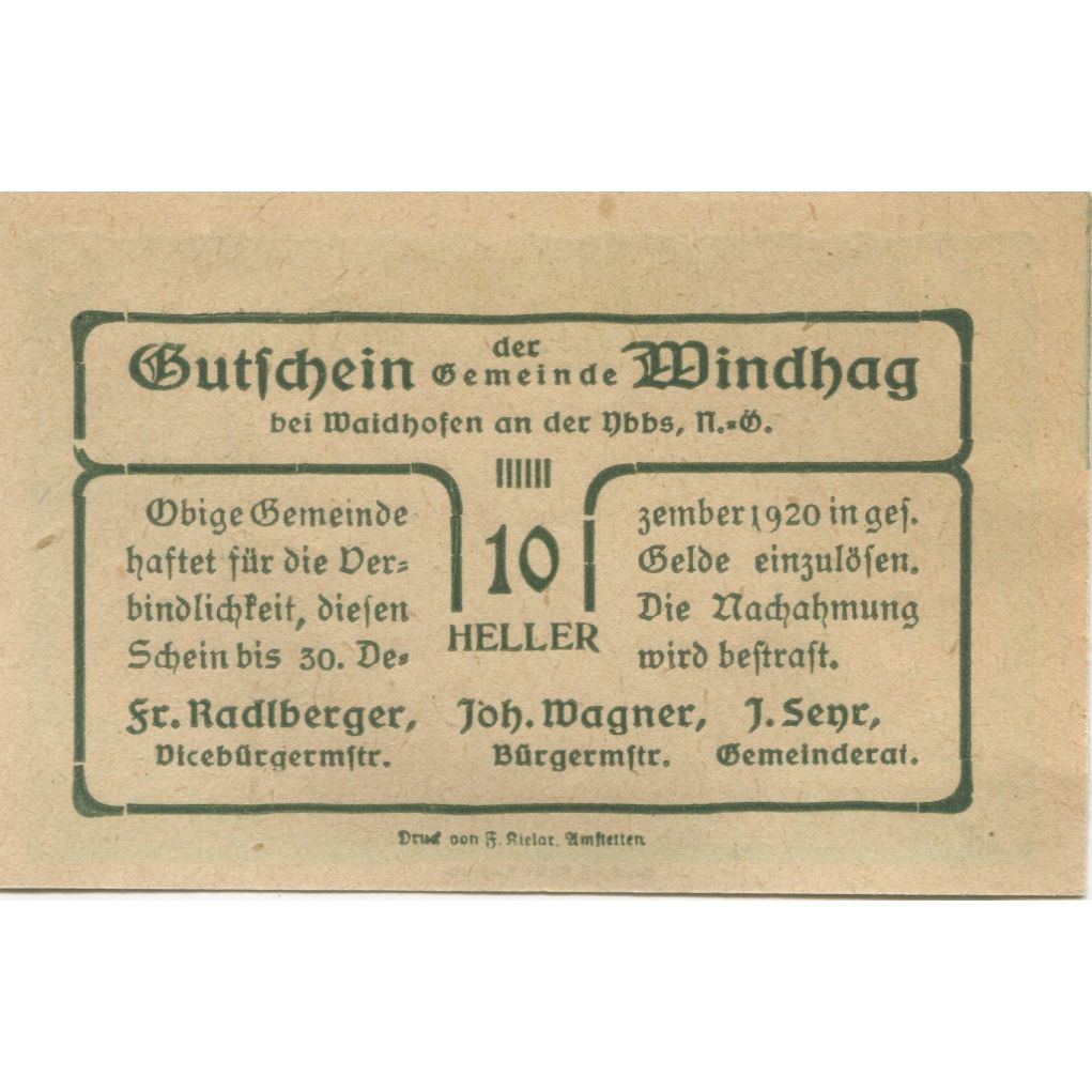Geldschein, Österreich, Windhag, 10 Heller, paysage, 1920 UNZ- Mehl:FS 1244