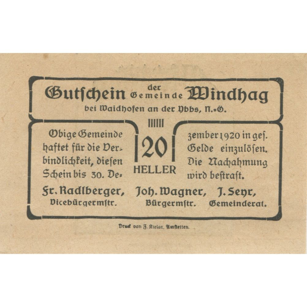 Geldschein, Österreich, Windhag, 20 Heller, paysage, 1920 UNZ- Mehl:FS 1244