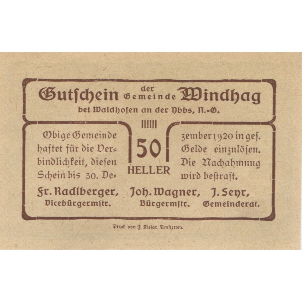 Geldschein, Österreich, Windhag, 50 Heller, Eglise 1920 UNZ- Mehl:FS 1244