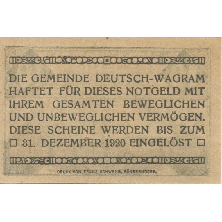 Geldschein, Österreich, Wagram, 10 Heller, épis 1920-12-31, UNZ- Mehl:FS 121bE