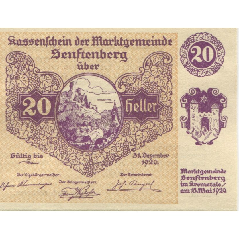 Billete, Austria, Senftenberg, 20 Heller, château, 1920 SC Mehl:FS 993d