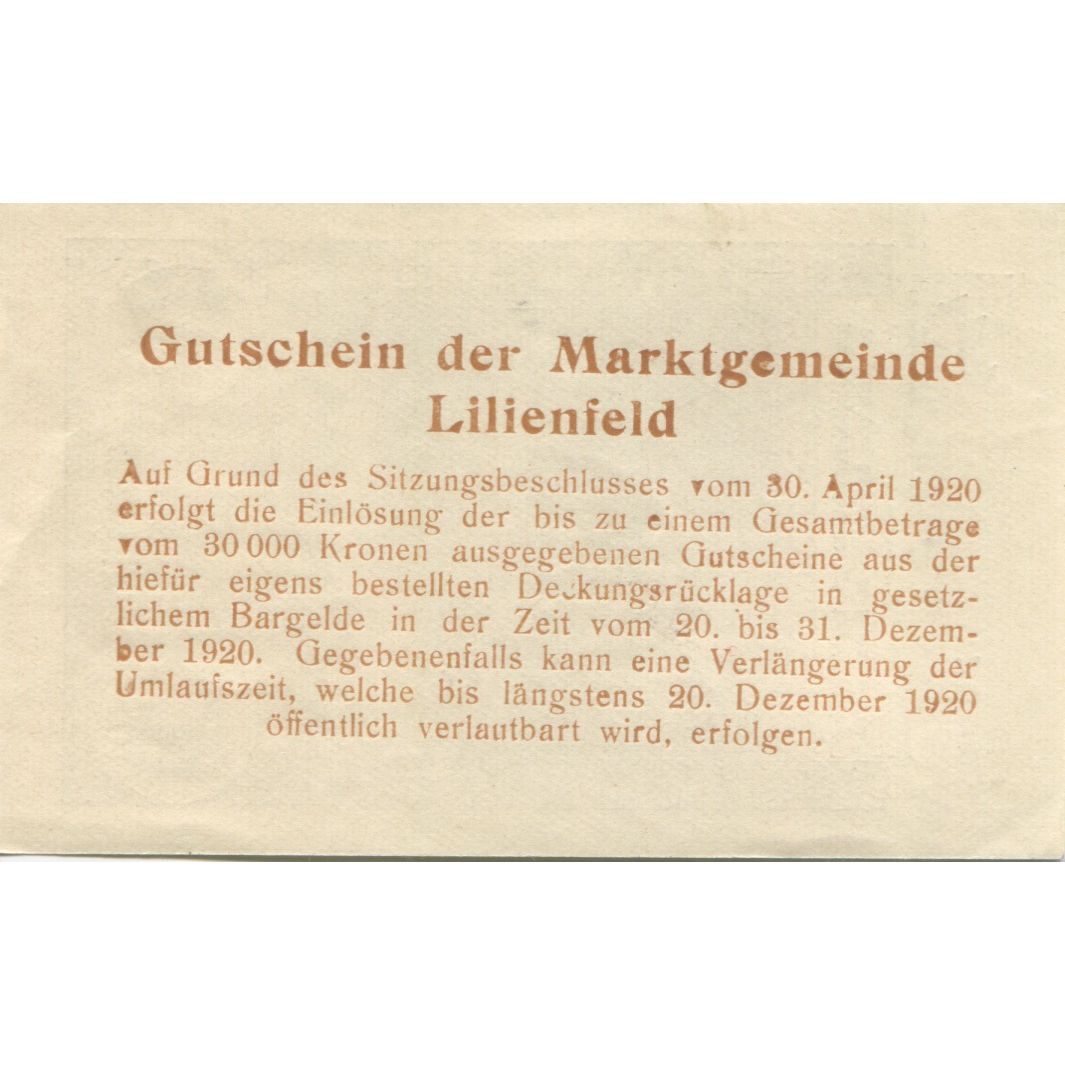 Biljet, Oostenrijk, Lilienfeld, 20 Heller, ferme 1920-12-31, SPL Mehl:FS 523IaA