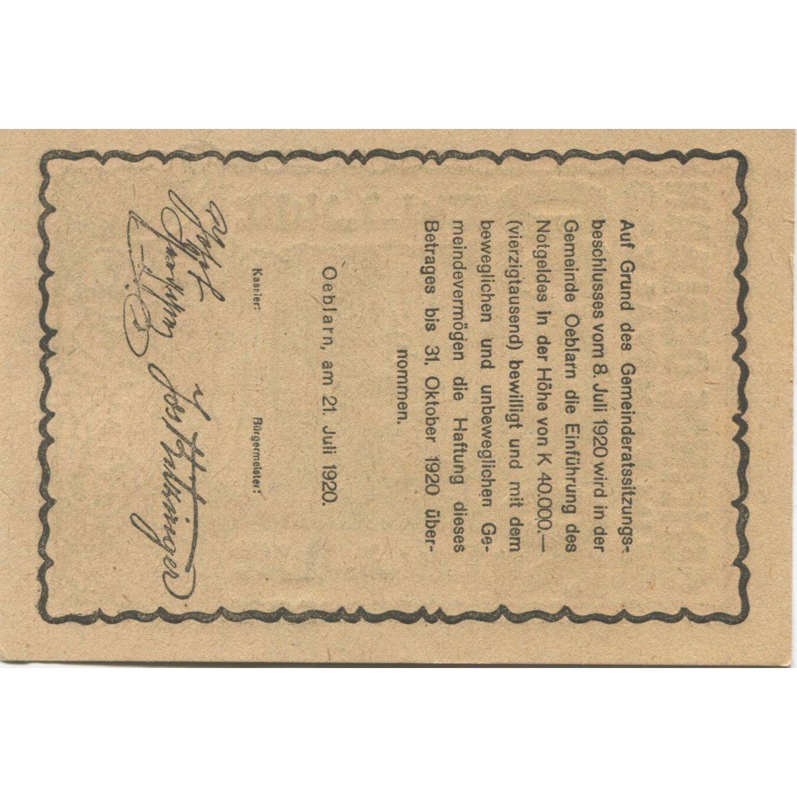 Nota, Áustria, Oeblarn, 20 Heller, paysage 1920-10-31, UNC(63) Mehl:FS 700Ib