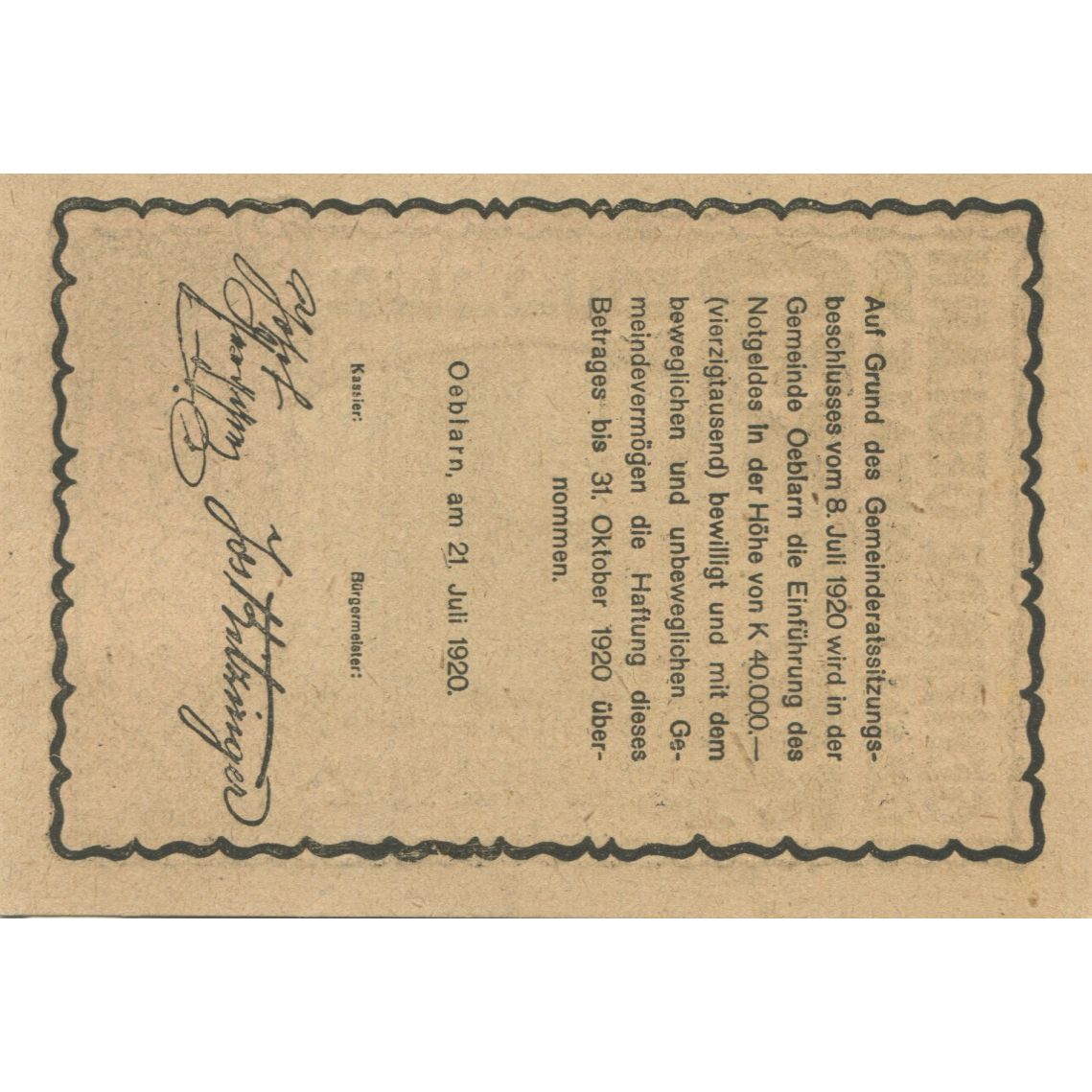 Banknote, Austria, Oeblarn, 30 Heller, chalet, 1920 UNC(63) Mehl:FS 700Ib