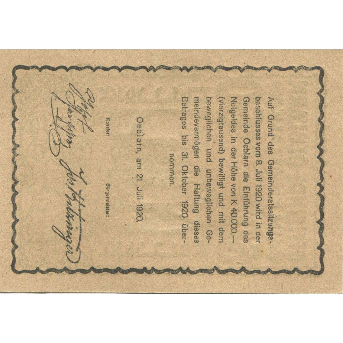 Geldschein, Österreich, Oeblarn, 60 Heller, Eglise, 1920 UNZ- Mehl:FS 700Ib