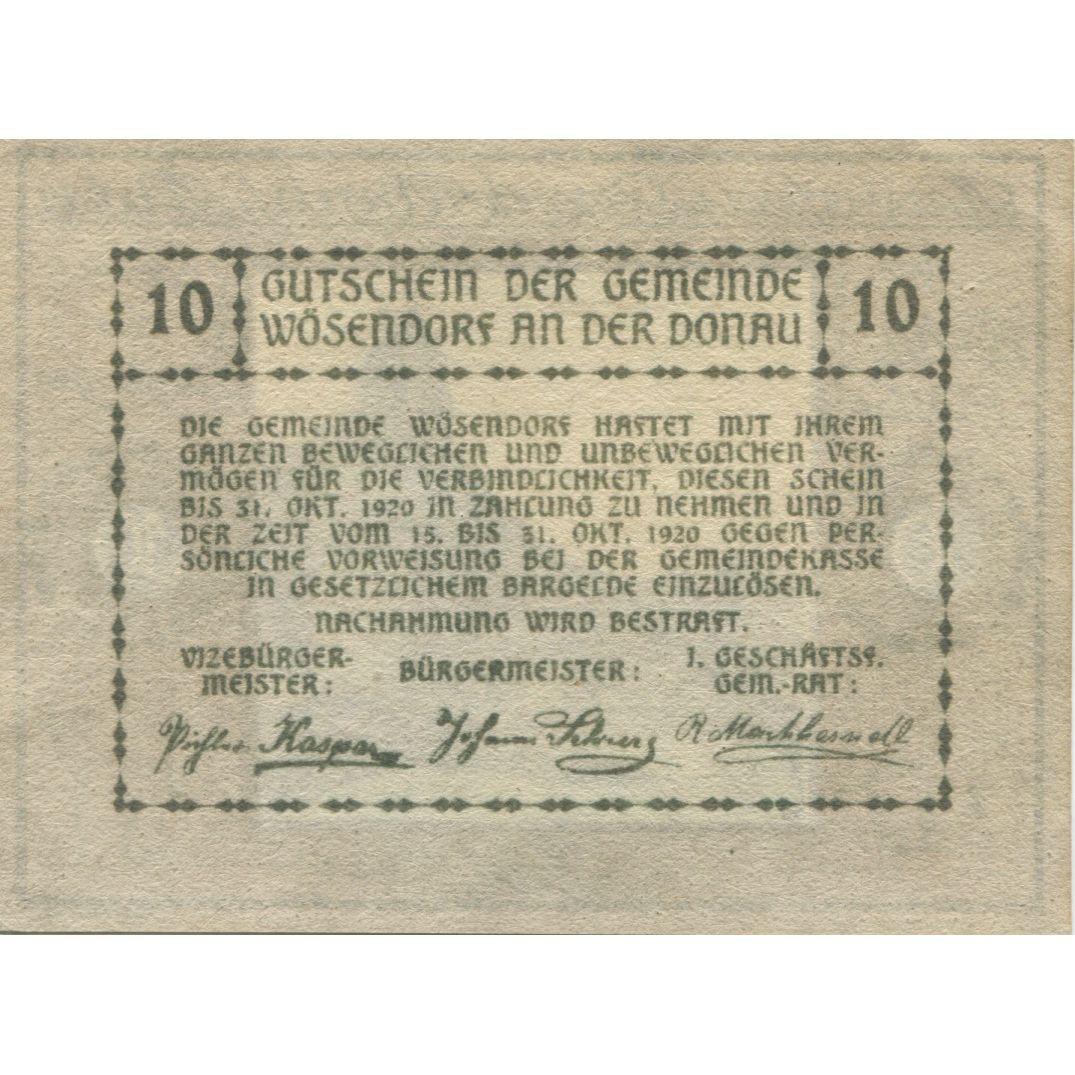 Banknote, Austria, Wösendorf, 10 Heller, chemin, 1920 UNC(63) Mehl:FS 1255a