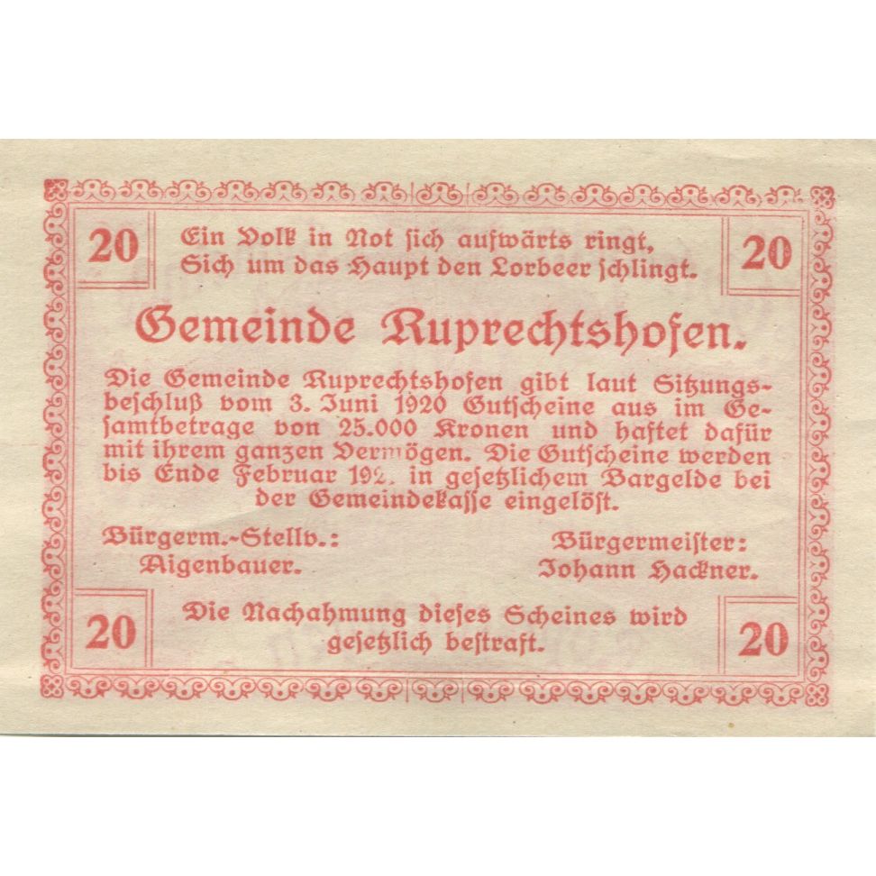 Geldschein, Österreich, Ruprechtshofen 20Heller, bateau 1920 UNZ- Mehl:FS 901a