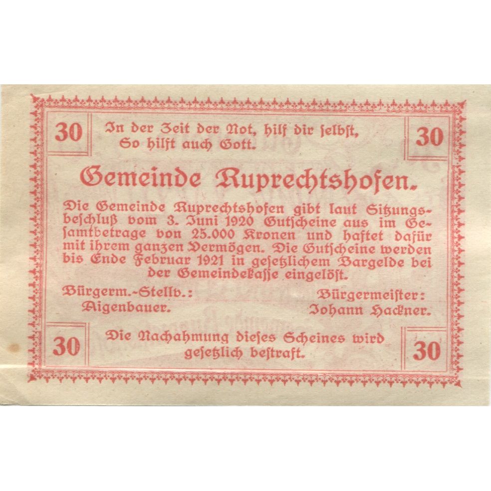 Banknote, Austria, Ruprechtshofen, 30 Heller, fleuve, 1920 UNC(63) Mehl:FS 901a