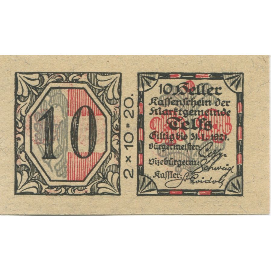 Biljet, Oostenrijk, Telfs, 10 Heller, Texte 1921-01-31, SPL Mehl:FS 1061a