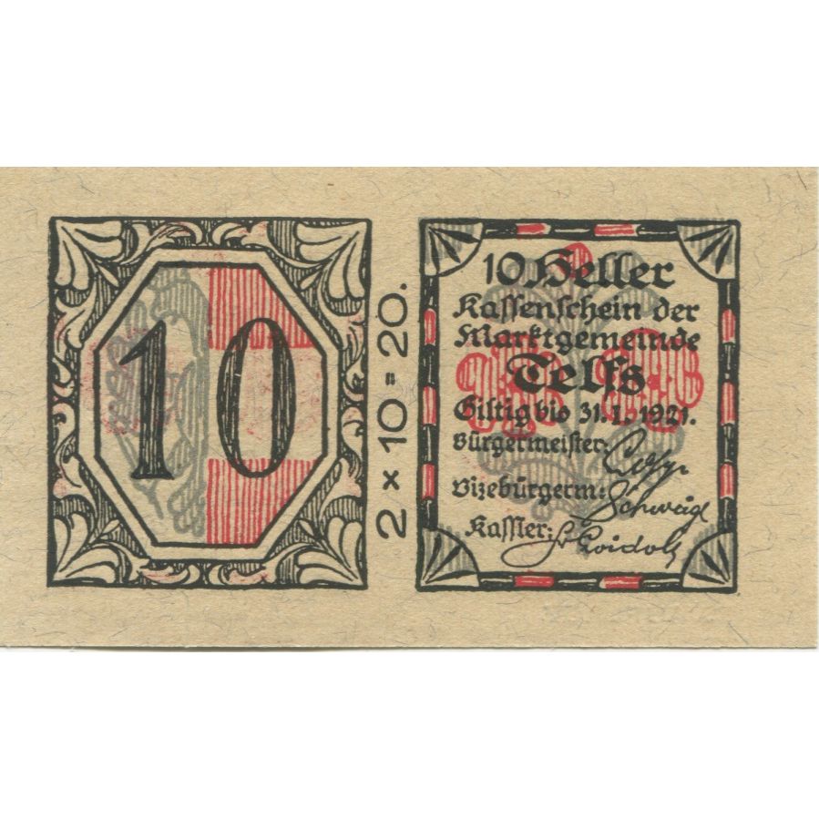 Biljet, Oostenrijk, Telfs, 10 Heller, Texte 1921-01-31, SPL Mehl:FS 1061a