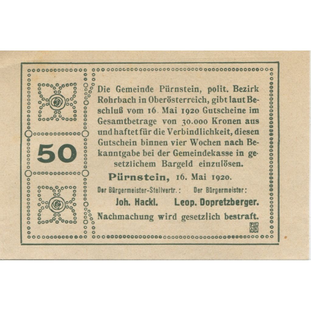 Geldschein, Österreich, Pürnstein, 50 Heller, village, 1920, VZ, Mehl:FS 802a