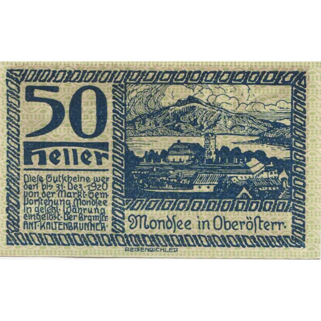 Geldschein, Österreich, Mondsee, 50 Heller, Blason 1920-12-31 UNZ- Mehl:FS 626a1